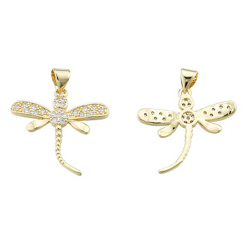 Brass Micro Pave Clear Cubic Zirconia Pendants, with Brass Snap on Bails, Nickel Free, Dragonfly, Real 18K Gold Plated, 23x23x3mm, Hole: 3x4mm