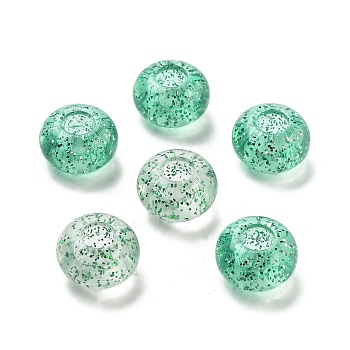 Transparent Acrylic European Beads, Large Hole Beads, with Glitter Powders, Rondelle, Medium Sea Green, 14x8.5mm, Hole: 5.5mm, about 537pcs/500g