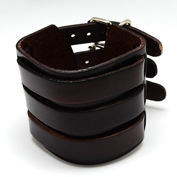 Trendy Unisex Punk Rock Style Leather Wide Wristband Bracelets, with Iron Watch Band Clasps, Coconut Brown, 275x65x5mm
