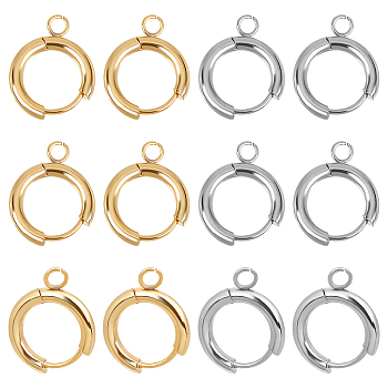 12Pcs 2 Colors 201 Stainless Steel Huggie Hoop Earring Findings, with Horizontal Loops & 316 Surgical Stainless Steel Pins, Real 24K Gold Plated & Stainless Steel Color, 18x15x2.5mm, Hole: 2.5mm, Pin: 1mm, 6Pcs/color