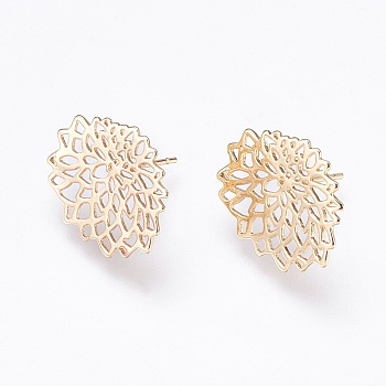 Brass Stud Earring Findings, Nickel Free, Real 18K Gold Plated, Hollow, Golden, 17x20mm, pin: 0.8mm