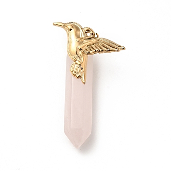 Bird Natural Rose Quartz Pointed Pendants, with Ion Plating(IP) Platinum & Golden Tone 304 Stainless Steel Findings, Faceted Bullet Charm, 40.5mm, Bird: 19.5x25.5x2.5mm, Bullet: 33.5x8.5x8mm, Hole: 3.4mm
