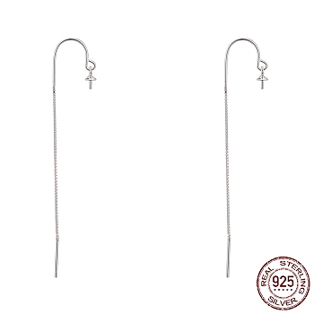 925 Sterling Silver Ear Stud Findings, with 925 Stamp, Ear Thread, with Box Chain & Cup Pearl Bail Pin, Silver, 66x0.8mm, Pin: 0.8mm, Tray: 3mm