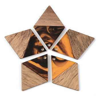 Resin & Walnut Wood Pendants, Rhombus, Orange, 34x24x3mm, Hole: 2mm
