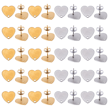 20Pcs 2 Colors Ion Plating(IP) 304 Stainless Steel Stud Earring Findings, with Ear Nuts/Earring Backs and Hole, Heart Shape, Golden & Stainless Steel Color, 12x13x1mm, Pin: 0.8mm, 10pcs/color