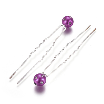 (Defective Closeout Sale), Lady's Hair Forks, with Silver Color Plated Iron Findings, Acrylic Imitation Pearl and Crystal Rhinestone, Round, Fuchsia, 75mm