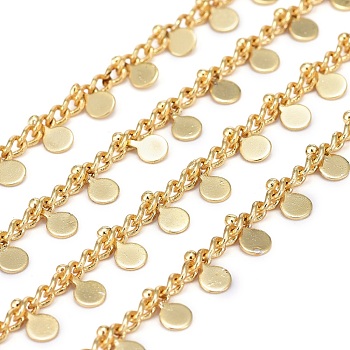 3.28 Feet Handmade Brass Curb Chains, with Flat Round Charms, Soldered, Long-Lasting Plated, Real 18K Gold Plated,3x2x1mm