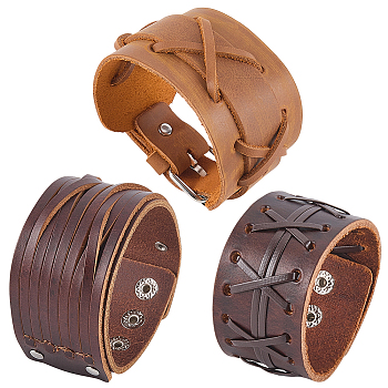 3Pcs 3 Styles Imitation Leather Cord Bracelets for Men, with Alloy Clasp, Platinum, Coconut Brown, 9.06~11.42 inch(23~29cm), 1pc/style