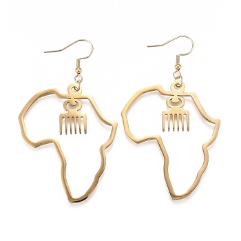 201 Stainless Steel Dangle Earrings, Africa Map, Adinkra Gye Nyame, Real 18K Gold Plated, 71mm, Pin: 0.8mm