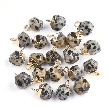 Electroplate Natural Dalmatian Jasper Charms, with Iron Findings, Faceted, Golden, 11~12x8x8mm, Hole: 1.5mm