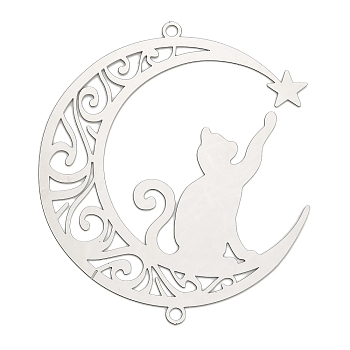 201 Stainless Steel Laser Cut Connector Charms, Moon Cat Shape Links, Etched Metal Embellishments, Non-Tarnish, Stainless Steel Color, 79x68.5x0.3mm, Hole: 2.5mm