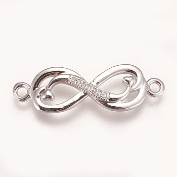 Brass Micro Pave Cubic Zirconia Links, Double Infinity, Clear, Platinum, 9x29x3mm, Hole: 1.5mm