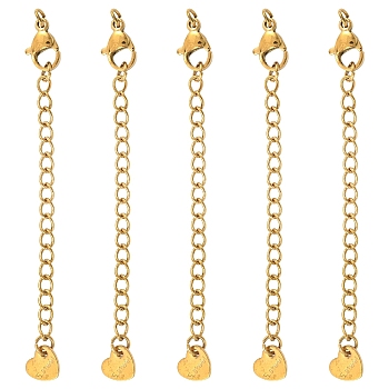 5Pcs 304 Stainless Steel Curb Chain Extender, End Chains with Lobster Claw Clasps and Heart Chain Tabs, Real 18K Gold Plated, 67~72mm