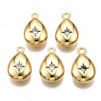 Brass Micro Pave Clear Cubic Zirconia Pendants, Nickel Free, Teardrop with Star, Real 18K Gold Plated, 15x10x5mm, Hole: 1.4mm