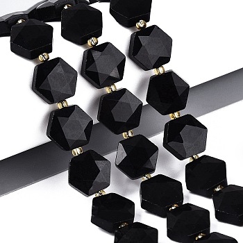 Natural Obsidian Beads Strands, Faceted Hexagon, with Seed Beads, 11.5~12.5x13~14x4~5.5mm, Hole: 1~1.2mm, about 26~28pcs/strand, 14.37~15.75 inch(36.5~40cm)