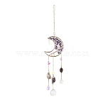 Natural Amethyst Chips Beaded Moon Hanging Sun Catchers, Faceted Glass Octagon & Teardrop, Rainbow Maker, with Iron Findings, 430mm(HJEW-M004-13)