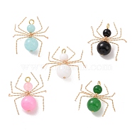 Natural Mixed Stone Pendants, with Copper Wire Wrapped Findings, Long-Lasting Plated, Spider Charms, Golden, 27~30x28~32x10~10.5mm, Hole: 2.5mm(PALLOY-JF02108-01)