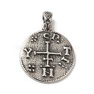 Brass Pendants, Long-Lasting Plated, Cadmium Free & Lead Free, Flat Round with Compass Charm, Antique Silver, 21x20x2mm, Hole: 4.3x3mm(KK-Z033-23P)