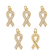 5Pcs Brass Micro Pave Clear Cubic Zirconia Pendants, with Jump Ring, Long-Lasting Plated, Awareness Ribbon Shape, Real 18K Gold Plated, 21x9x2mm, Jump Rings: 5x1mm, 3mm Inner Diameter(ZIRC-SZ0001-64)