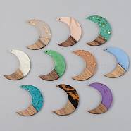 Resin & Walnut Wood Pendants, Moon, Mixed Color, 38x30x3mm, Hole: 2mm(RESI-S389-056A)