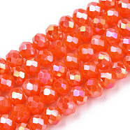 Electroplate Glass Beads Strands, Opaque Solid Color, AB Color Plated, Faceted, Rondelle, Orange Red, 4x3mm, Hole: 0.4mm, about 113~115pcs/strand, 41~42cm(EGLA-A034-P4mm-B23)
