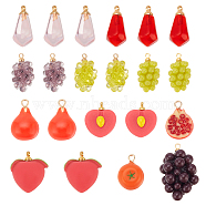 21Pcs 11 Styles Resin Imitation Fruit Pendants, Fruit Charms, with Golden Plated Brass Pendant Bails, Pomegranate & Grape & Peach, Mixed Shapes, Mixed Color, 12~26x8~17x6.5~16mm, Hole: 1.4~1.8mm(RESI-NB0001-98)