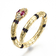 Brass Micro Pave Cubic Zirconia Cuff Rings, Open Rings, Cadmium Free & Nickel Free & Lead Free, Snake, Real 16K Gold Plated, Medium Violet Red, US Size 6 3/4, 17mm(RJEW-S045-028G-B-NR)
