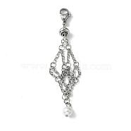 304 Stainless Steel Cable Chains Macrame Pouch Empty Stone Holder Pendant Decoration, with Round Shell Pearl Bead, Stainless Steel Color, 75mm(HJEW-TA00069-02)