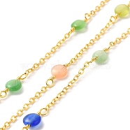 Handmade Cat Eye Beaded Chains, Real 18K Gold Plated Brass Cable Chains, with Spool, Cadmium Free & Lead Free, Flat Round, Mixed Color, Link Chain: 14~15x6x3mm, Flat Round: 14~15x6x3mm(CHC-M024-15G-02)