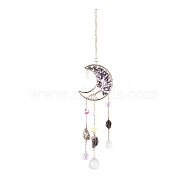 Natural Amethyst Chips Beaded Moon Hanging Sun Catchers, Faceted Glass Octagon & Teardrop, Rainbow Maker, with Iron Findings, 430mm(HJEW-M004-13)