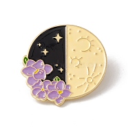 Moon with Flower Enamel Pin, Alloy Badge for Backpack Clothes, Golden, Colorful, 30x28x1.5mm, Pin: 1mm(JEWB-H008-42G)