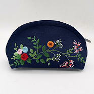 DIY Flower Pattern Moon-shaped Cosmetic Bag Embroidery Beginner Kit, including Embroidery Needles & Thread, Cotton Linen Fabric, Imitation Bamboo Embroidery Hoop, Instruction Sheet, Prussian Blue, 120x170x80mm(PW22112422614)