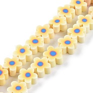Handmade Flower Printed Polymer Clay Beads Strands, Flower, Yellow, 9.6x4mm, Hole: 1.4mm, about 38pcs/Strand, 12.99''(33cm)(CLAY-M003-07C)