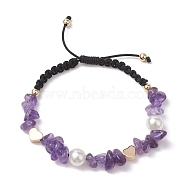 Natural Amethyst Chip & Acrylic Imitation Pearl Braided Bead Bracelets, Heart Adjustable Bracelets for Women Men, Inner Diameter: 1-5/8~2-1/2 inch(4.2~6.5cm)(BJEW-JB10462)