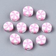 Handmade Polymer Clay Beads, Flat Round, Pearl Pink, 9~10x4mm, Hole: 1.6mm(X-CLAY-N011-019B)