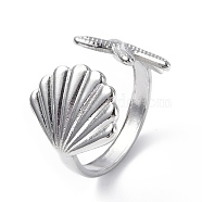 304 Stainless Steel Shell with Starfish Open Cuff Ring for Women, Stainless Steel Color, Inner Diameter: 18mm(RJEW-C046-03P)