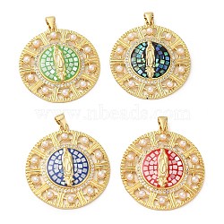 Rack Plating Brass Micro Pave Cubic Zirconia Earrings, with Shell, Cadmium Free & Lead Free, Long-Lasting Plated, Real 18K Gold Plated, Oval, Virgin Mary, Mixed Color, 33.5x30.5x3.5mm, Hole: 4x3.5mm(KK-P268-06B-G)