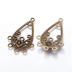 Alloy Chandelier Component Links, Cadmium Free & Nickel Free & Lead Free, Teardrop with Flower, Antique Bronze, 39x26.5x2.5mm, Hole: 2mm(X-EA380Y-AB)