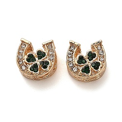 Alloy Rhinestone European Beads, Large Hole Beads, Horseshoe with Clover, Golden, 11x11x8mm, Hole: 4.6mm(FIND-Q115-09G)