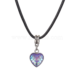 Heart with Fish Scale Shape 304 Stainless Steel with Resin Pendant Necklaces, with Imitation Leather Cords, Lilac, 17.52 inch(44.5cm)(NJEW-JN04571-01)
