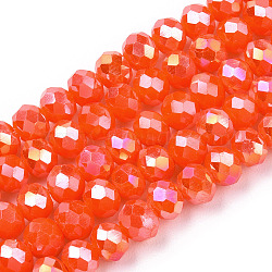 Electroplate Glass Beads Strands, Opaque Solid Color, AB Color Plated, Faceted, Rondelle, Orange Red, 4x3mm, Hole: 0.4mm, about 123~127pcs/strand, 16.5~16.9 inch(42~43cm)(EGLA-A034-P4mm-B23)