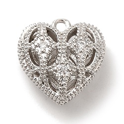 Brass Micro Pave Cubic Zirconia Charms, Long-Lasting Plated, Cadmium Free & Lead Free, Heart, Platinum, 14x13.5x7.5mm, Hole: 1.4mm(KK-C072-29P)