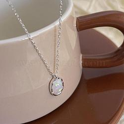 925 Sterling Silver Synthetic White Opal Oval Pendant Cable Chain Necklaces for Women, Silver, 14.96 inch(38cm)(FS-WG862D3-02)