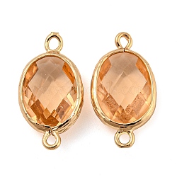 Brass Pave Faceted Glass Connector Charms, Long-Lasting Plated, Oval Links, Sandy Brown, Golden, 21.5x11.5x6mm, Hole: 1.8mm(KK-G486-02G)