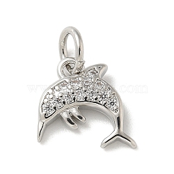 Brass Micro Pave Clear Cubic Zirconia Pendants, with Jump Ring, Sea Animals Charms, Dolphin, 11x10x2.5mm, Hole: 3mm(KK-U046-02P-05)