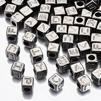 CCB Plastic Beads, Horizontal Hole, Cube with Letter, Gunmetal, 7x7x7mm, Hole: 3.5mm, about 2000pcs/500g