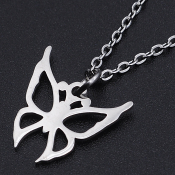 201 Stainless Steel Pendant Necklaces, with Cable Chains and Lobster Claw Clasps, Butterfly, Stainless Steel Color, 15.55 inch(39.5cm), 1.5mm