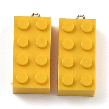 Opaque Acrylic Pendants, with Platinum Iron Loop, Long Rectangle Building Block Charms, Gold, 36x16x11.5mm, Hole: 1.5mm