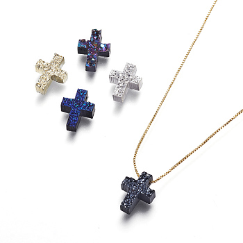 Brass Pendant Necklaces, with Druzy Resin and Box Chains, Cross, Golden, Mixed Color, 17.71 inch(45cm), Pendant: 11.7x9x3~4mm