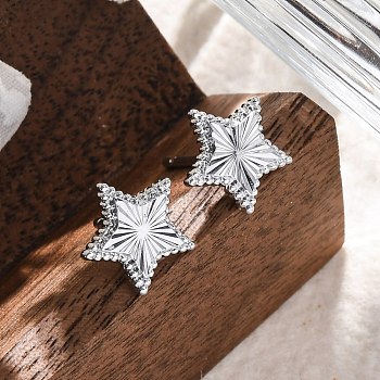 Brass Stud Earrings, Star, Real Platinum Plated, 10x10mm